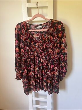 Smocked Floral Peasant Tunic Top - Autumn Colors